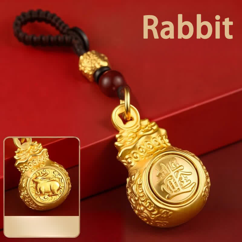Buddha Stones Porte-clés « Faites fortune chaque jour » en cuivre doré, avec pièces de monnaie et symboles du zodiaque chinois - Lapin - image 18