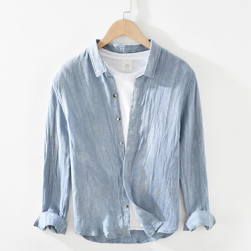 Buddha Stones Chemises à manches longues pour hommes, en lin uni, style décontracté printanier, boutonnées - Bleu acier clair - US/UK/AU42，EU52 (3XL) - image 14