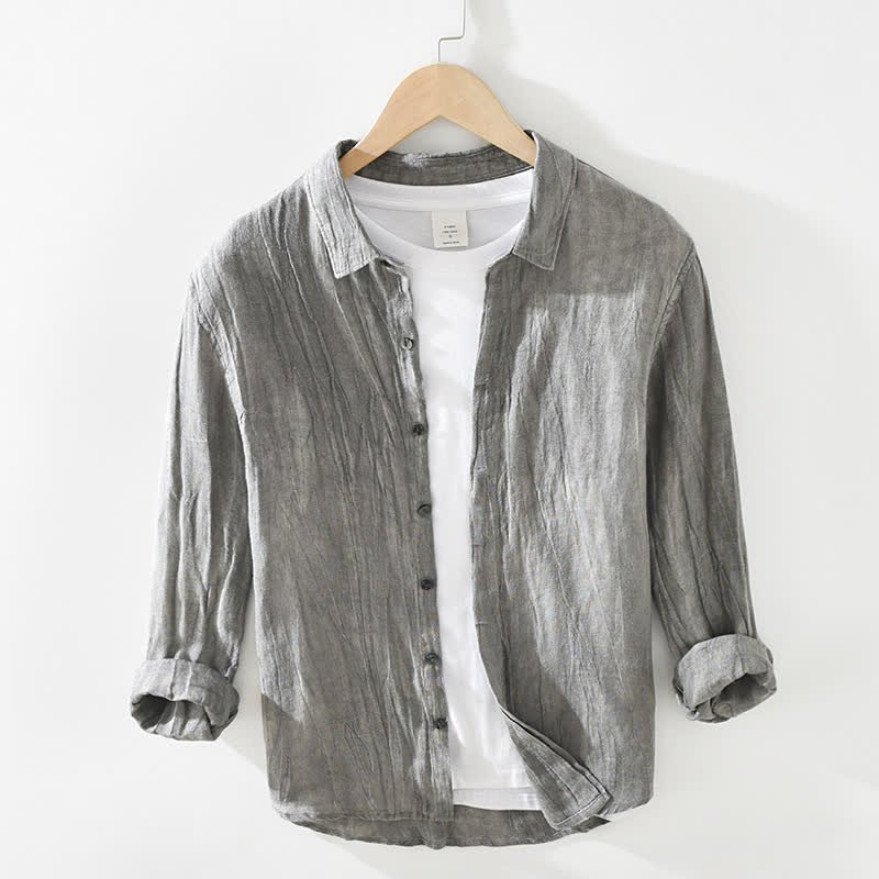 Buddha Stones Chemises à manches longues pour hommes, en lin uni, style décontracté printanier, boutonnées - Gris - US/UK/AU42，EU52 (3XL) - image 0