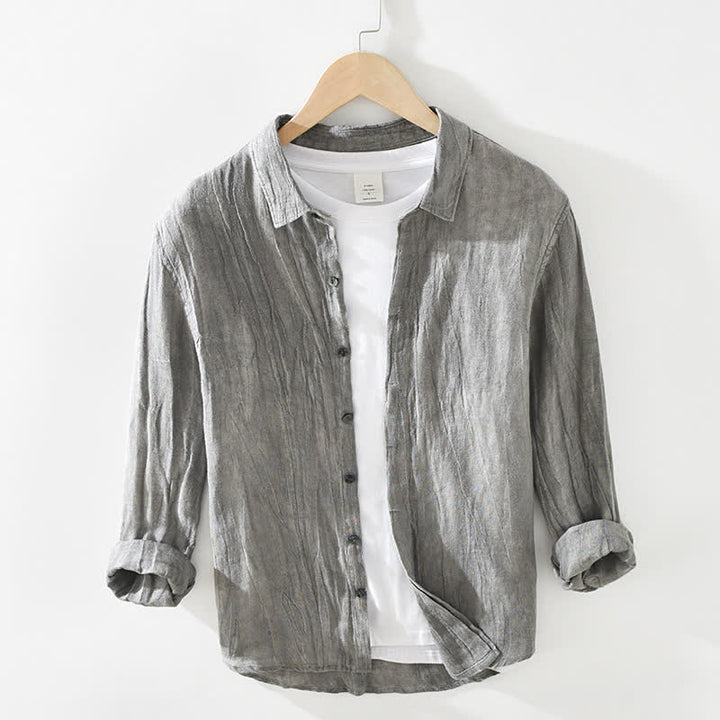 Buddha Stones Chemises à manches longues pour hommes, en lin uni, style décontracté printanier, boutonnées - Gris - US/UK/AU42，EU52 (3XL) - image 0