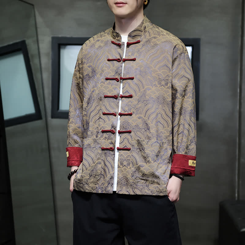 Buddha Stones Veste homme élégante style Tang automne-hiver, col mandarin, motif vague abstrait, boutons brandebourg, poches - Tanné - US/UK/AU46，EU56 (5XL) - image 23