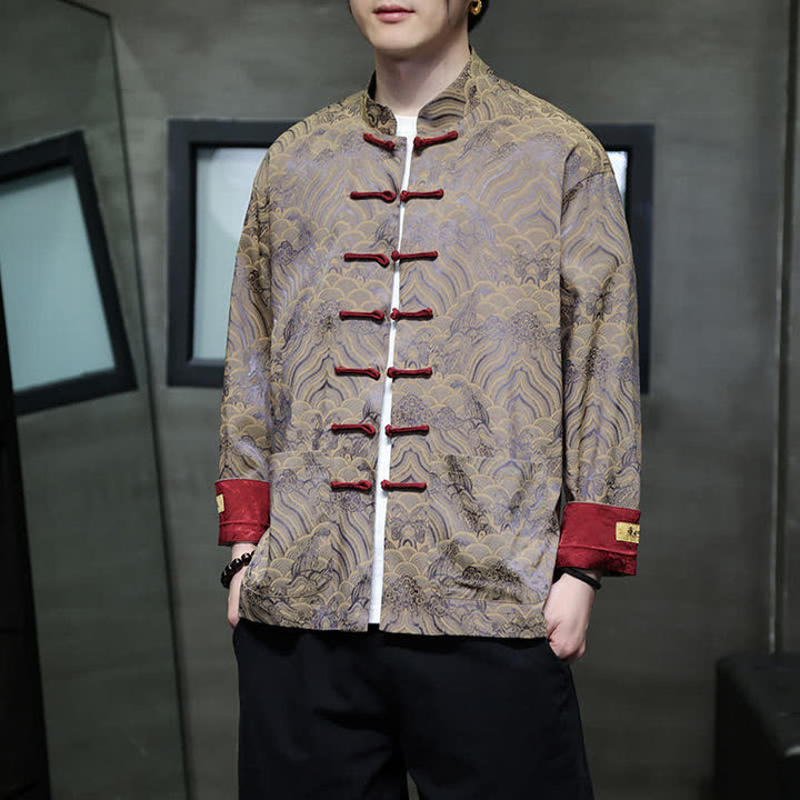 Buddha Stones Veste homme élégante style Tang automne-hiver, col mandarin, motif vague abstrait, boutons brandebourg, poches - Tanné - US/UK/AU46，EU56 (5XL) - image 23