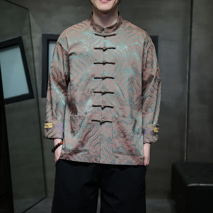 Buddha Stones Veste homme élégante style Tang automne-hiver, col mandarin, motif vague abstrait, boutons brandebourg, poches - Vert clair - US/UK/AU46，EU56 (5XL) - image 24