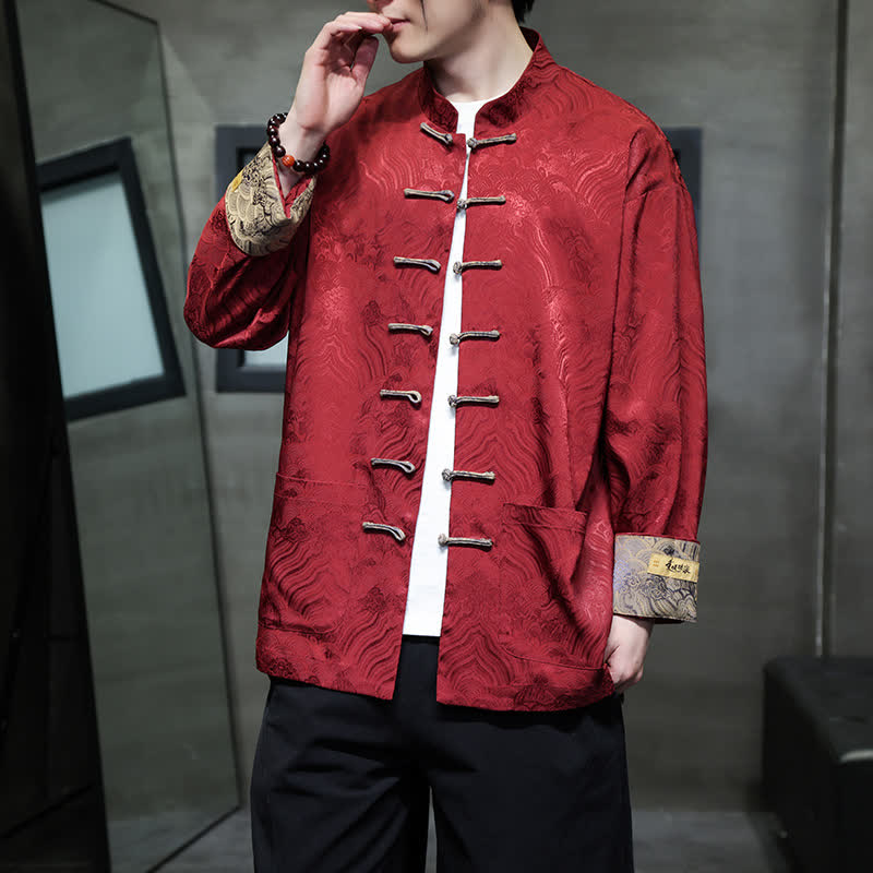Buddha Stones Veste homme élégante style Tang automne-hiver, col mandarin, motif vague abstrait, boutons brandebourg, poches - image 7