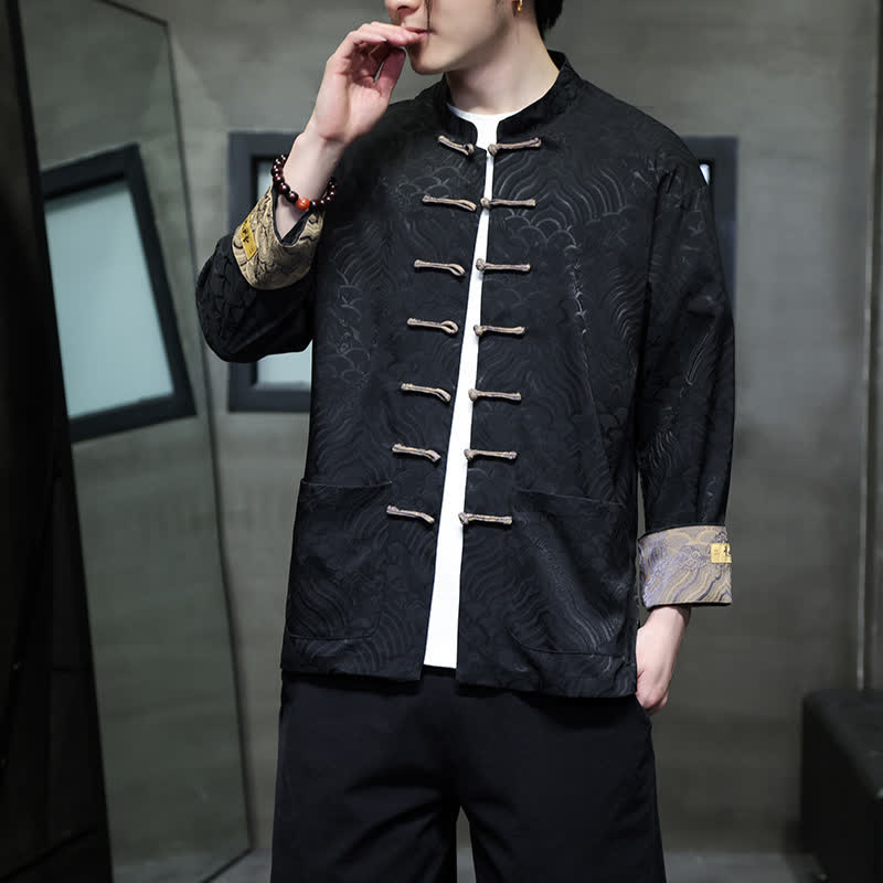 Buddha Stones Veste homme élégante style Tang automne-hiver, col mandarin, motif vague abstrait, boutons brandebourg, poches - image 16