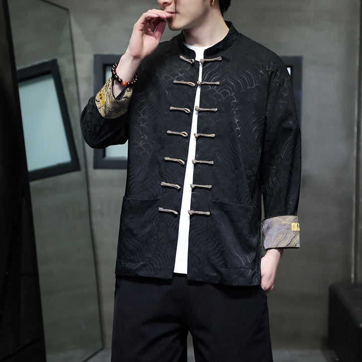 Buddha Stones Veste homme élégante style Tang automne-hiver, col mandarin, motif vague abstrait, boutons brandebourg, poches - image 16