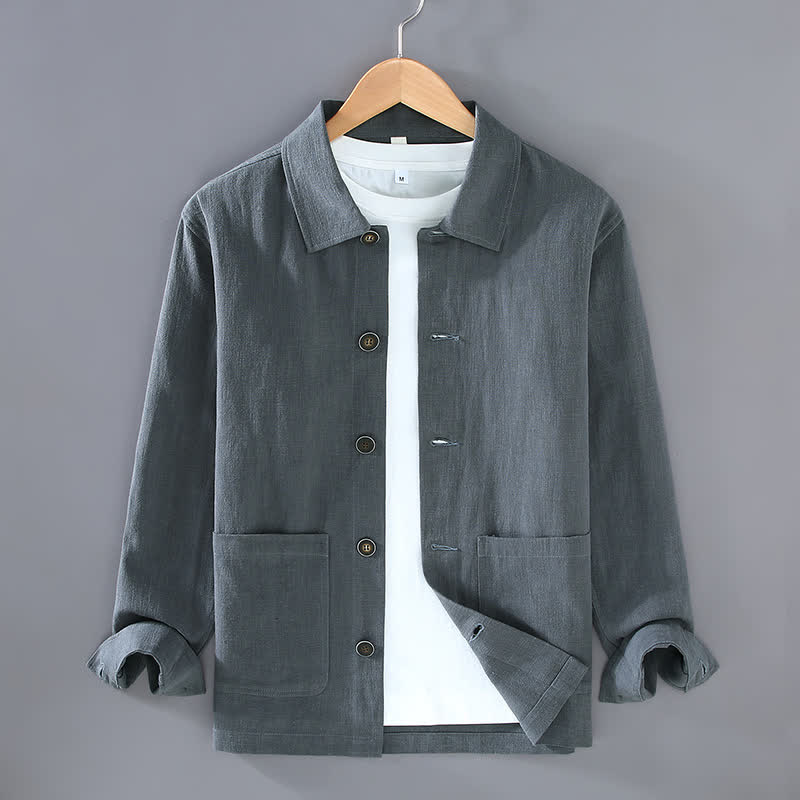Buddha Stones Veste homme en ramie unie, style minimaliste, décontractée, avec poches, à boutons, idéale pour l'automne. - Gris ardoise - US/UK/AU42，EU52 (3XL) - image 2