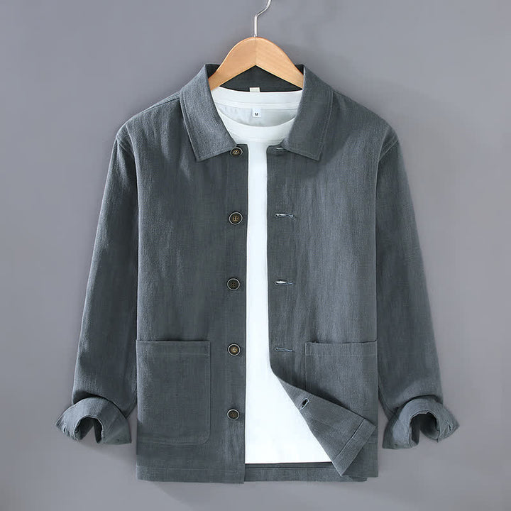 Buddha Stones Veste homme en ramie unie, style minimaliste, décontractée, avec poches, à boutons, idéale pour l'automne. - Gris ardoise - US/UK/AU42，EU52 (3XL) - image 2
