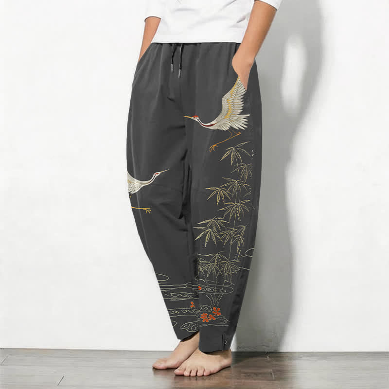 Buddha Stones Pantalon fuselé pour homme en pur coton, motif vagues de bambou et grues, cordon de serrage et poches - image 1