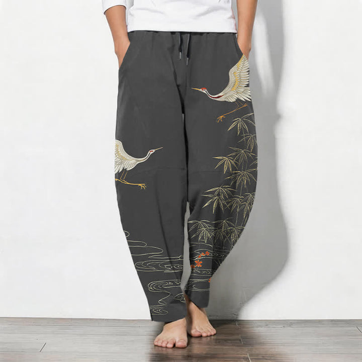 Buddha Stones Pantalon fuselé pour homme en pur coton, motif vagues de bambou et grues, cordon de serrage et poches - Gris terne - US/UK/AU50，EU60 (5XL) - image 0