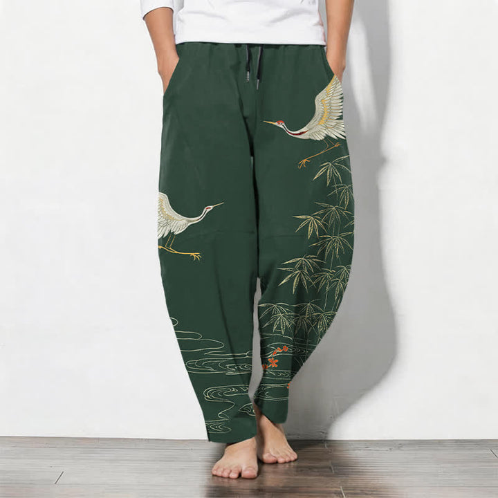 Buddha Stones Pantalon fuselé pour homme en pur coton, motif vagues de bambou et grues, cordon de serrage et poches - Vert foncé - US/UK/AU50，EU60 (5XL) - image 11