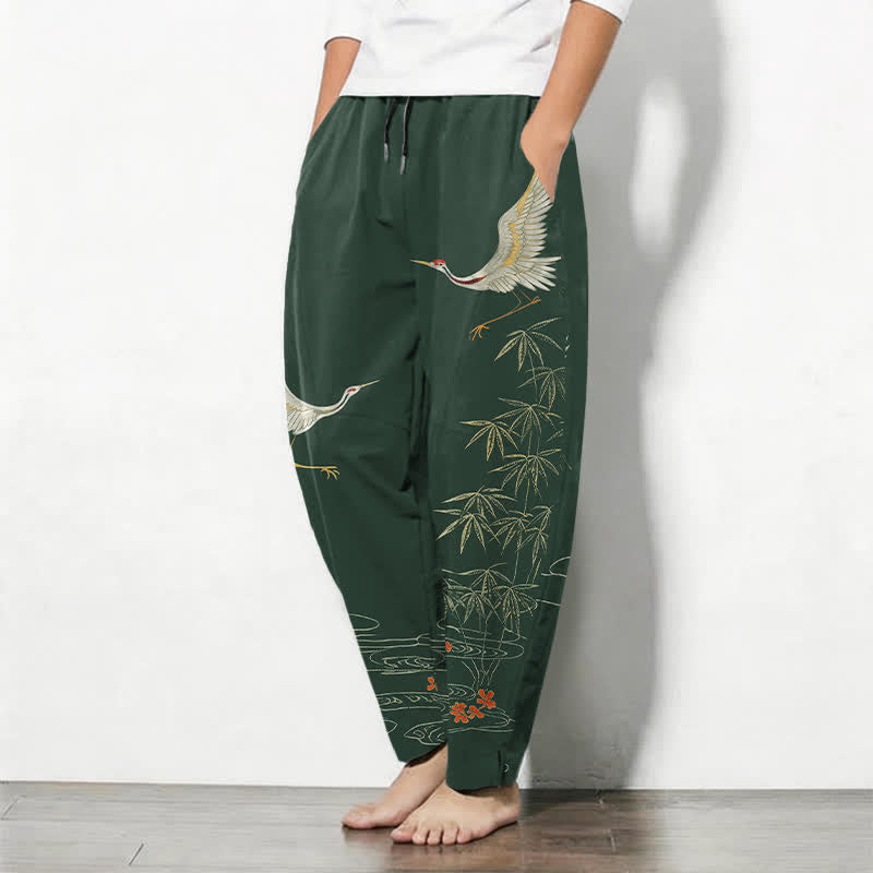Buddha Stones Pantalon fuselé pour homme en pur coton, motif vagues de bambou et grues, cordon de serrage et poches - image 12