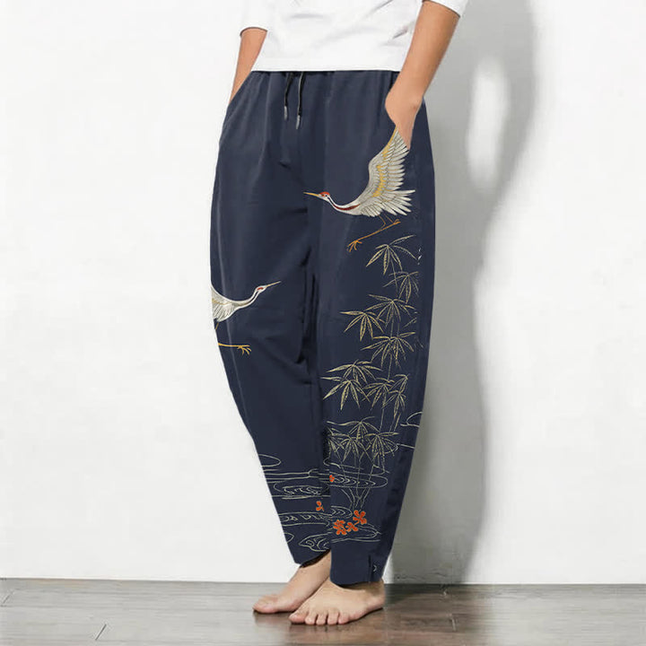 Buddha Stones Pantalon fuselé pour homme en pur coton, motif vagues de bambou et grues, cordon de serrage et poches - image 8
