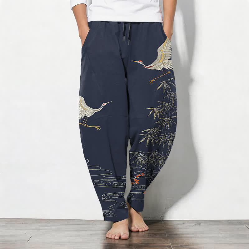 Buddha Stones Pantalon fuselé pour homme en pur coton, motif vagues de bambou et grues, cordon de serrage et poches - SteelBlue - US/UK/AU50，EU60 (5XL) - image 7