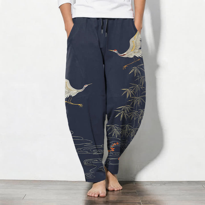 Buddha Stones Pantalon fuselé pour homme en pur coton, motif vagues de bambou et grues, cordon de serrage et poches - SteelBlue - US/UK/AU50，EU60 (5XL) - image 7