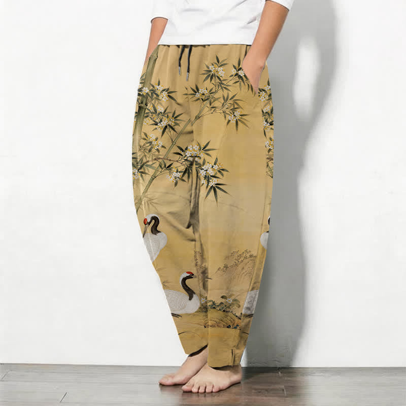 Buddha Stones Pantalon fuselé pour homme en pur coton avec cordon de serrage et poches, motif paysage de bambou et grues. - image 1