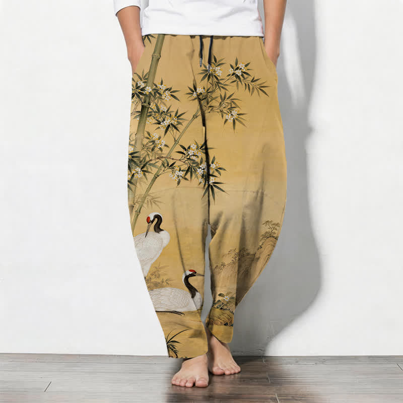 Buddha Stones Pantalon fuselé pour homme en pur coton avec cordon de serrage et poches, motif paysage de bambou et grues. - verge d'or - US/UK/AU50，EU60 (5XL) - image 0