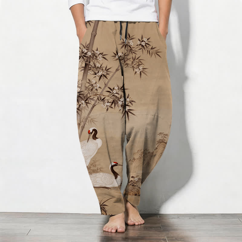 Buddha Stones Pantalon fuselé pour homme en pur coton avec cordon de serrage et poches, motif paysage de bambou et grues. - BurlyWood - US/UK/AU50，EU60 (5XL) - image 7