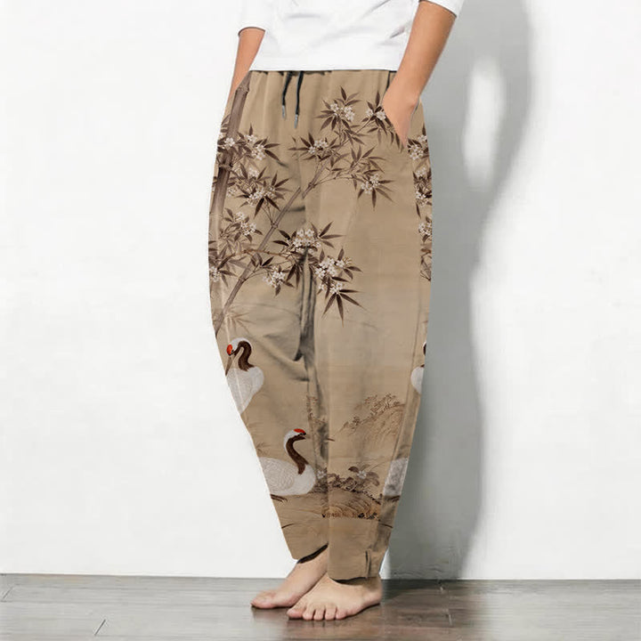 Buddha Stones Pantalon fuselé pour homme en pur coton avec cordon de serrage et poches, motif paysage de bambou et grues. - image 8