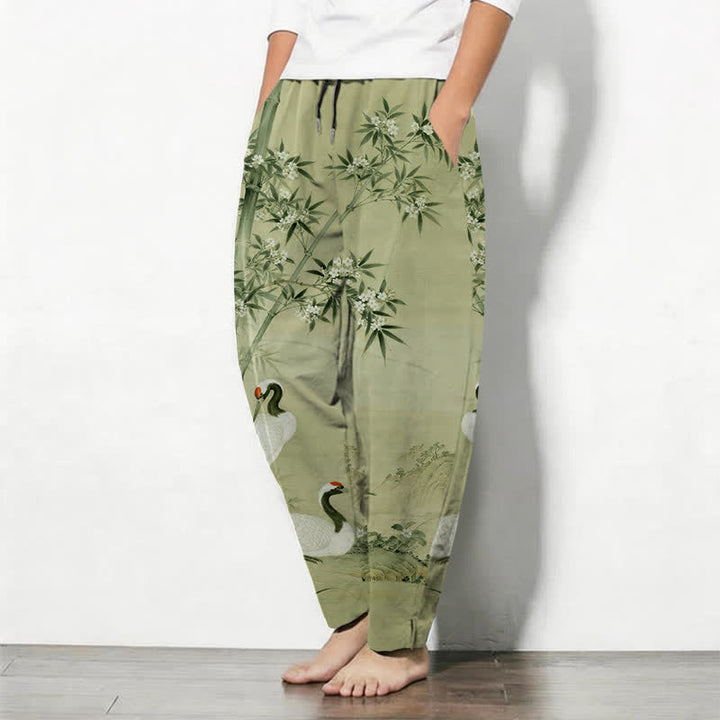 Buddha Stones Pantalon fuselé pour homme en pur coton avec cordon de serrage et poches, motif paysage de bambou et grues. - image 12
