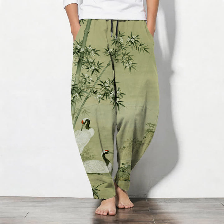 Buddha Stones Pantalon fuselé pour homme en pur coton avec cordon de serrage et poches, motif paysage de bambou et grues. - JauneVert - US/UK/AU50，EU60 (5XL) - image 11