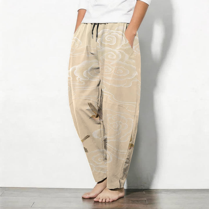 Buddha Stones Pantalon fuselé pour homme en pur coton, motif oiseau nuageux porte-bonheur, cordon de serrage et poches - image 1