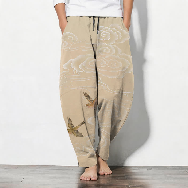 Buddha Stones Pantalon fuselé pour homme en pur coton, motif oiseau nuageux porte-bonheur, cordon de serrage et poches - Beige - US/UK/AU50，EU60 (5XL) - image 0
