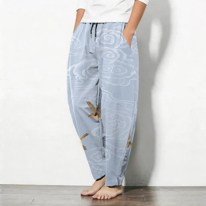 Buddha Stones Pantalon fuselé pour homme en pur coton, motif oiseau nuageux porte-bonheur, cordon de serrage et poches - image 8