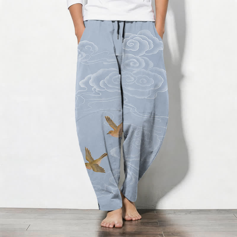Buddha Stones Pantalon fuselé pour homme en pur coton, motif oiseau nuageux porte-bonheur, cordon de serrage et poches - Bleu clair - US/UK/AU50，EU60 (5XL) - image 7