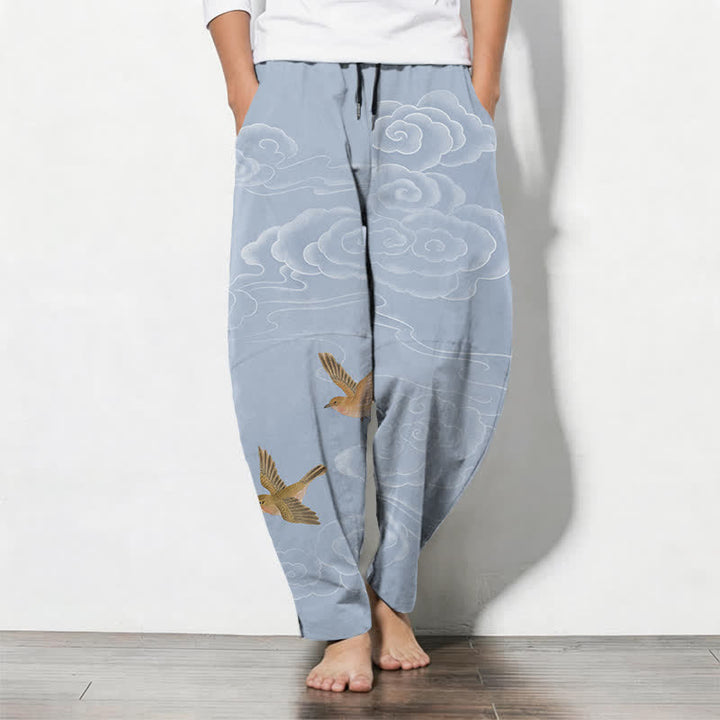 Buddha Stones Pantalon fuselé pour homme en pur coton, motif oiseau nuageux porte-bonheur, cordon de serrage et poches - Bleu clair - US/UK/AU50，EU60 (5XL) - image 7