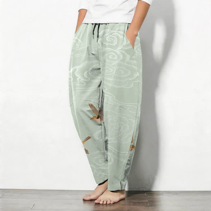 Buddha Stones Pantalon fuselé pour homme en pur coton, motif oiseau nuageux porte-bonheur, cordon de serrage et poches - image 12