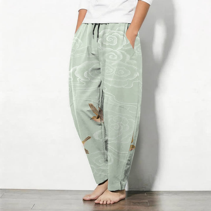 Buddha Stones Pantalon fuselé pour homme en pur coton, motif oiseau nuageux porte-bonheur, cordon de serrage et poches - image 12