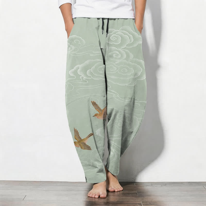 Buddha Stones Pantalon fuselé pour homme en pur coton, motif oiseau nuageux porte-bonheur, cordon de serrage et poches - Vert foncé - US/UK/AU50，EU60 (5XL) - image 11