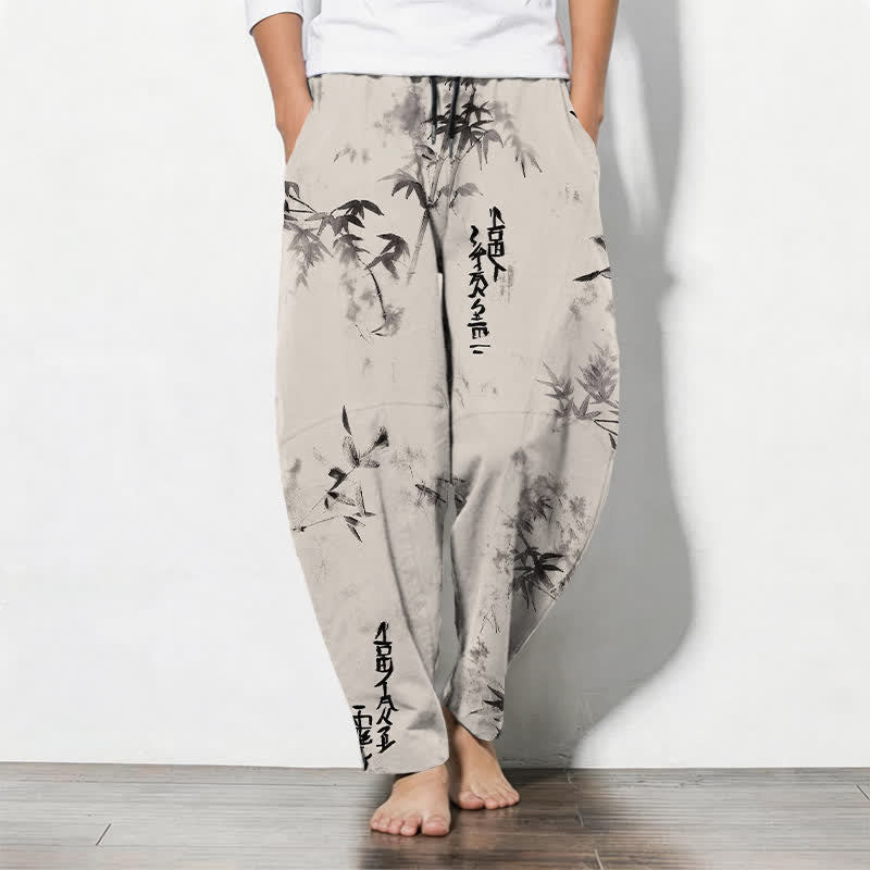 Buddha Stones Pantalon fuselé pour homme en pur coton avec cordon de serrage, motif calligraphie bambou et encre à l'encre, et poches. - Ivoire - US/UK/AU50，EU60 (5XL) - image 0