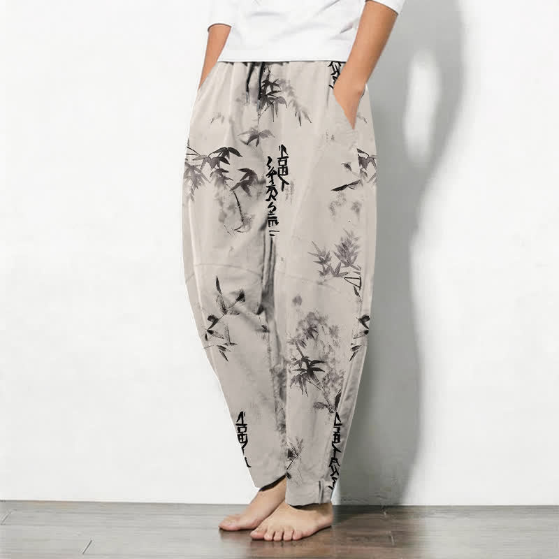 Buddha Stones Pantalon fuselé pour homme en pur coton avec cordon de serrage, motif calligraphie bambou et encre à l'encre, et poches. - image 1