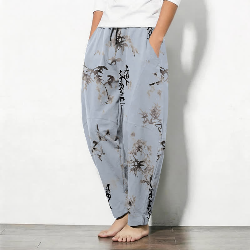 Buddha Stones Pantalon fuselé pour homme en pur coton avec cordon de serrage, motif calligraphie bambou et encre à l'encre, et poches. - image 8