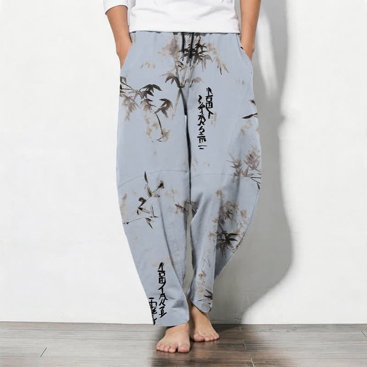 Buddha Stones Pantalon fuselé pour homme en pur coton avec cordon de serrage, motif calligraphie bambou et encre à l'encre, et poches. - Bleu clair - US/UK/AU50，EU60 (5XL) - image 7