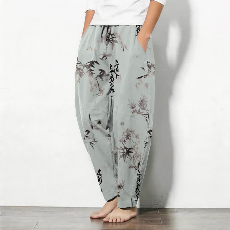 Buddha Stones Pantalon fuselé pour homme en pur coton avec cordon de serrage, motif calligraphie bambou et encre à l'encre, et poches. - image 12