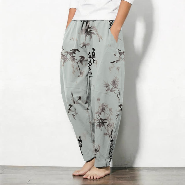 Buddha Stones Pantalon fuselé pour homme en pur coton avec cordon de serrage, motif calligraphie bambou et encre à l'encre, et poches. - image 12