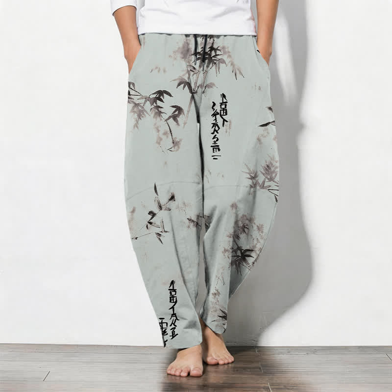 Buddha Stones Pantalon fuselé pour homme en pur coton avec cordon de serrage, motif calligraphie bambou et encre à l'encre, et poches. - Turquoise pâle - US/UK/AU50，EU60 (5XL) - image 11