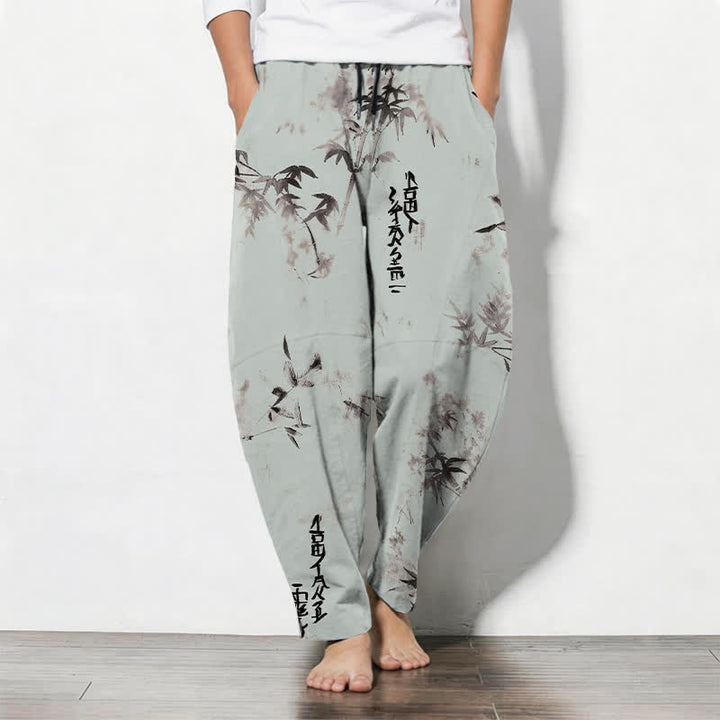 Buddha Stones Pantalon fuselé pour homme en pur coton avec cordon de serrage, motif calligraphie bambou et encre à l'encre, et poches. - Turquoise pâle - US/UK/AU50，EU60 (5XL) - image 11