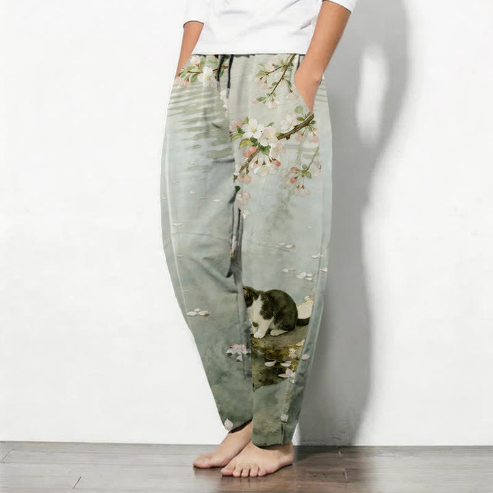 Buddha Stones Pantalon fuselé pour homme en pur coton avec cordon de serrage et poches, motif chat Sakura dans l'eau - image 8