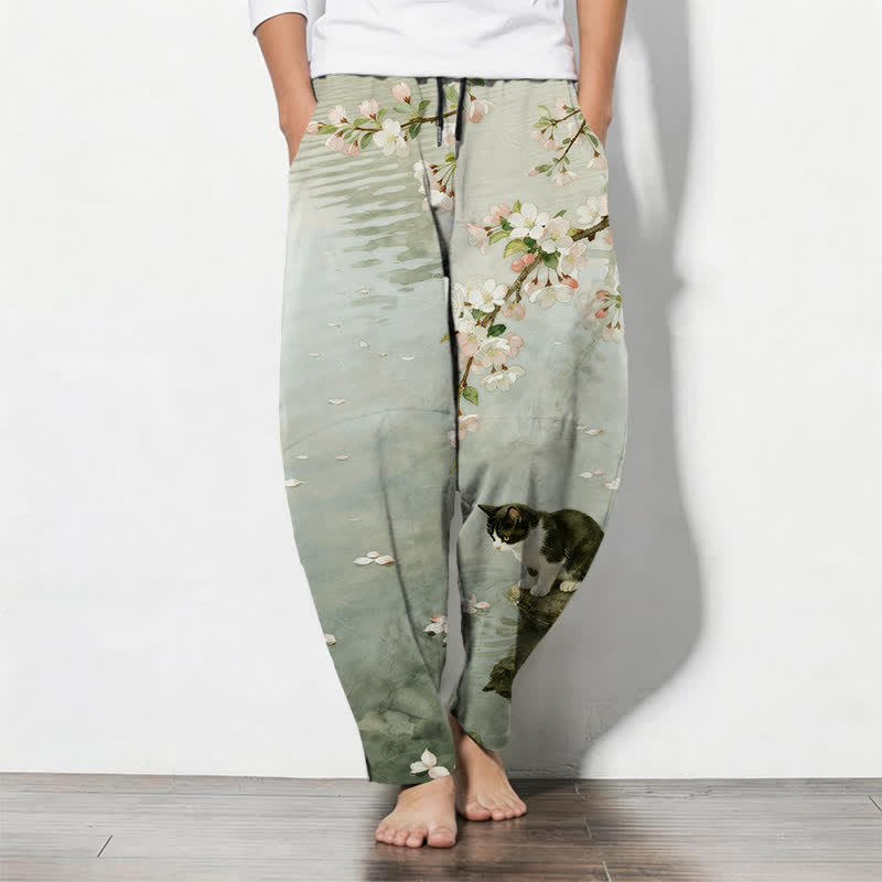 Buddha Stones Pantalon fuselé pour homme en pur coton avec cordon de serrage et poches, motif chat Sakura dans l'eau - Vert foncé - US/UK/AU50，EU60 (5XL) - image 7