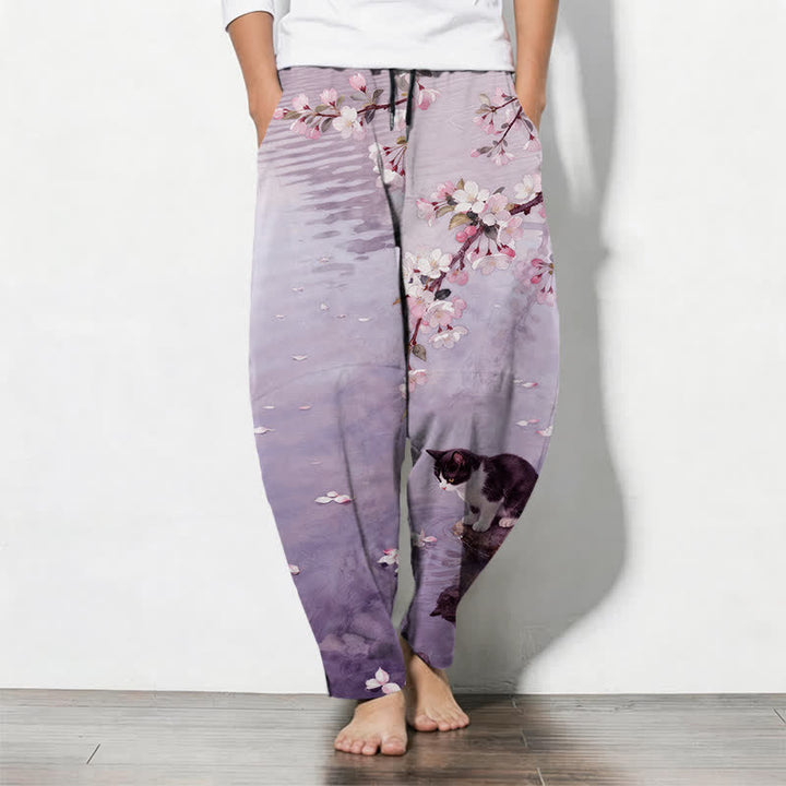 Buddha Stones Pantalon fuselé pour homme en pur coton avec cordon de serrage et poches, motif chat Sakura dans l'eau - Violet moyen - US/UK/AU50，EU60 (5XL) - image 11