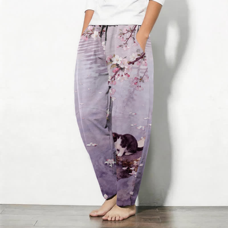Buddha Stones Pantalon fuselé pour homme en pur coton avec cordon de serrage et poches, motif chat Sakura dans l'eau - image 12