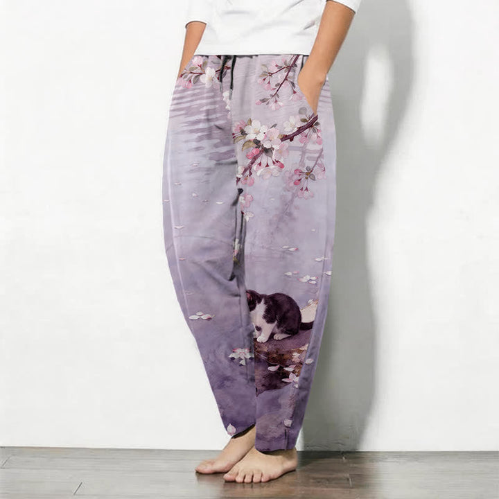 Buddha Stones Pantalon fuselé pour homme en pur coton avec cordon de serrage et poches, motif chat Sakura dans l'eau - image 12