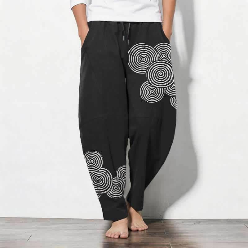 Buddha Stones Pantalon fuselé pour homme en pur coton, à cordon de serrage et poches, motif spirale concentrique. - Noir - US/UK/AU50，EU60 (5XL) - image 0
