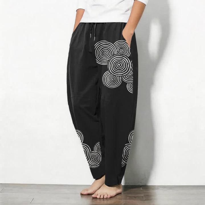Buddha Stones Pantalon fuselé pour homme en pur coton, à cordon de serrage et poches, motif spirale concentrique. - image 1