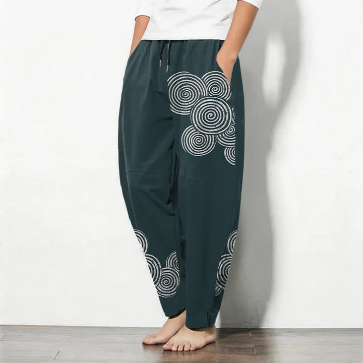 Buddha Stones Pantalon fuselé pour homme en pur coton, à cordon de serrage et poches, motif spirale concentrique. - image 12