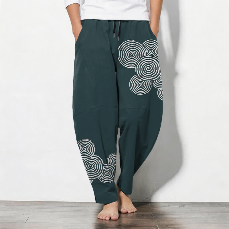 Buddha Stones Pantalon fuselé pour homme en pur coton, à cordon de serrage et poches, motif spirale concentrique. - DarkCyan - US/UK/AU50，EU60 (5XL) - image 11